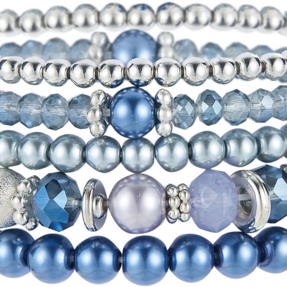 Beaded Pearl Silver Stackable Bracelets Crystal G… - image 1